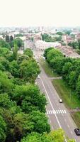 Aerial view of the wide road with green trees from both sides. Flying over top of trees in the park on the city background in summer. Camera moves back. Vertical video