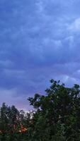 Lightning on the cloudy sky in summer. Strong and impressive lightning on the sky with bright clouds over the top of green trees. Vertical video