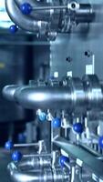 Pipes and levers at the diary plant. Complicated pipeline system in the factory. Huge steel tank in blur at the background. Vertical video