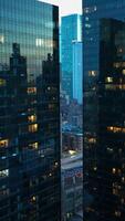 Wonderful modern city architecture. Rising along the buildings with mirror windows reflecting lights. Vertical video