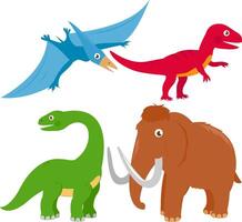 Dinosaurs. A pterodactyl, a brontosaurus, an apatosaurus, a mammoth and a tyrannosaurus. Cartoon prehistoric primitive animals in stone age. vector