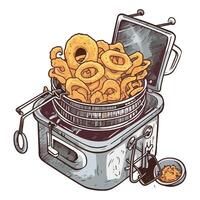 A drawing of fried onion rings in a fryer vector