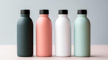 Four bottles of different colors are lined up on a table photo