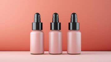 Three bottles of perfume are lined up on a red background photo