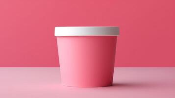 A pink container with a white lid sits on a pink table photo