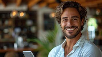 Smiling handsome young Latin business man entrepreneur using tablet standing in office at work. Happy male professional executive ceo manager holding tab computer looking at camera, portrait photo