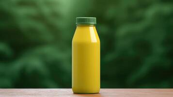 A bottle of yellow liquid is sitting on a wooden table photo