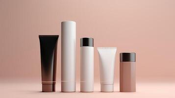 A row of five different colored bottles of makeup photo