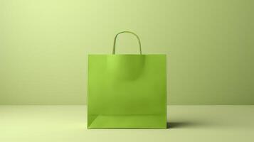 A green shopping bag is on a green background photo