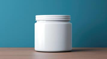 A white jar sits on a wooden table photo