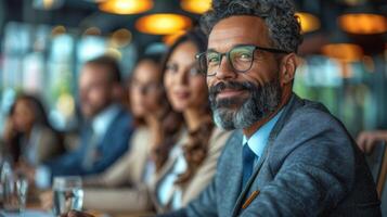 Diverse international executive business partners group discuss report at boardroom meeting table. Multiracial team negotiating project developing business strategy doing paperwork analysis in office photo