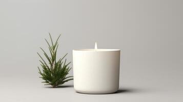A white candle is lit in a white container, with a small green plant next to it photo
