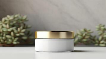 A white jar of cream sits on a table next to some green leaves photo