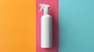 A white spray bottle is on a colorful background photo