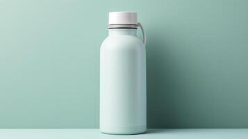 A clear bottle with a white cap sits on a green surface photo
