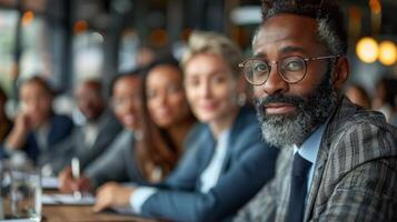 Diverse international executive business partners group discuss report at boardroom meeting table. Multiracial team negotiating project developing business strategy doing paperwork analysis in office photo