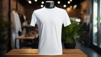 A white shirt is displayed on a table in a store photo