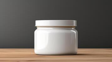 A jar is sitting on a wooden table photo