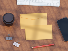 A brown envelope placed on a desk, featuring a simple, minimalist design. The envelope is slightly angled, with natural lighting highlighting its texture. psd