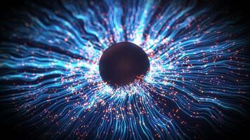 Abstract glowing particles flying from the center of the ball in a spiral, magic particles sparkle and swirl on a dark background. video