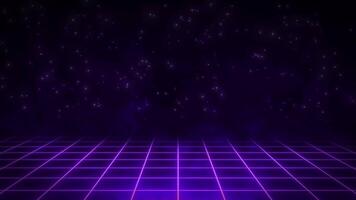 There is no wideframe. Abstract digital back ground. 80s, 90s Retro futurist, Retro wave cyber mesh or grid with fling particles. Neon lignts glove video