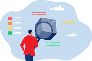Marketing research businessman use magnifying glass to analyze floating cube marketing research analyze product prototype or competitor, learning search for strong and weakness concept vector