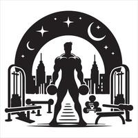 Man exercise with gym instrument in city background vector