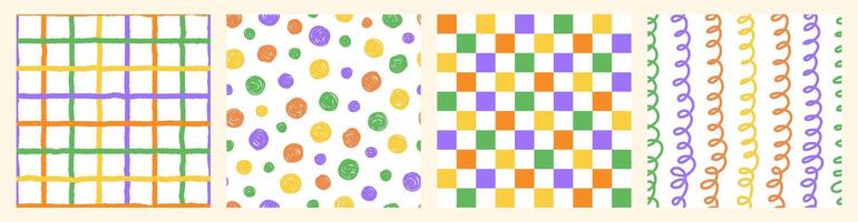 Colorful seamless pattern set of hand drawn curved checkered lines, polka dots and strip. Trendy design with abstract shapes, simple and playful doodle wallpaper print vector