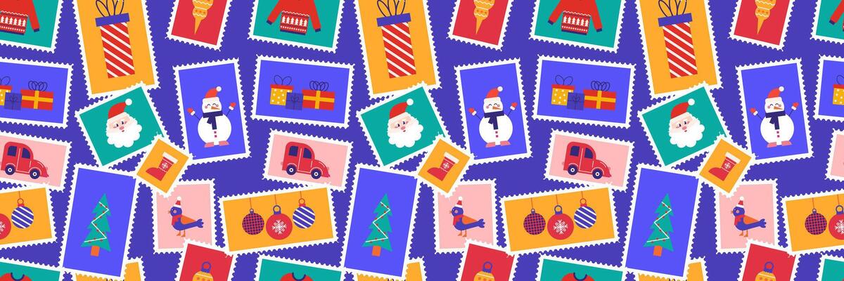 Postage stamp set of Christmas and Happy New Year post card illustration. Winter holiday celebration background. seamless pattern concept modern design