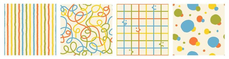 Colorful seamless pattern set of hand drawn curved checkered lines, circle and strip. Trendy design with abstract shapes, simple and playful doodle wallpaper print vector