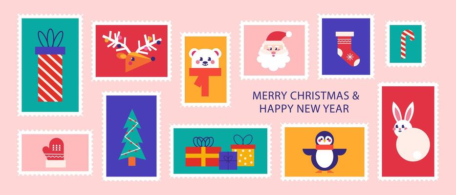 Postage stamp set of Christmas and Happy New Year post card illustration. Advent Calendar style, winter holiday sticker celebration mail postmark. concept modern design