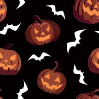 Creepy Halloween seamless pattern with pumpkin lanterns and bats on dark background. Happy Halloween wallpaper design. vector