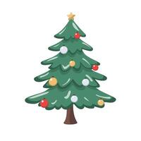 Coniferous tree spruce decorated baubles and star. Isolated on white background. Forest pine tree. Cartoon flat style. Christmas and New Year symbol. vector