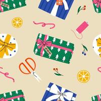 Christmas presents wrapping process seamless pattern. Packaging gift box in wrapping paper. Various tools on table. Flat illustration. vector