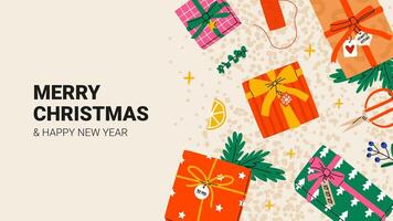 Christmas banner with gift boxes with bows and ribbons. Background Xmas decor objects viewed from above. Text Merry Christmas and happy New Year. illustration vector