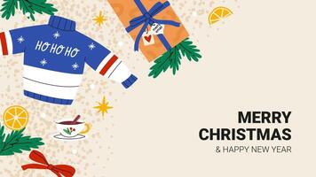 Christmas banner with winter decor. Background Xmas decor objects viewed from above. Text Merry Christmas and happy New Year. illustration vector