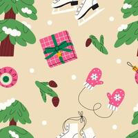 Winter elements seamless pattern. Christmas tree, gift boxes, skates seamless pattern. Christmas objects seamless pattern. Holiday background for greeting cards, invitations, posters. vector