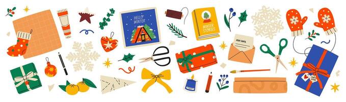 Christmas gifts and objects. Getting ready for Christmas. DIY present boxes in colorful wrappings with bows and branches. Flat illustrations isolated on white background. vector