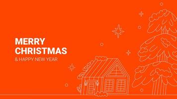 Merry Christmas and Happy New Year festive design with house and Christmas Tree in modern line art style. Winter red background with falling snow. Xmas decoration. illustration. vector