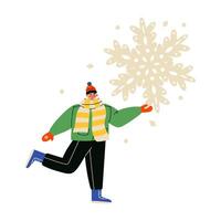 Man with big snowflake. Hello winter. Paper snowflake cutting concept. Trendy flat illustration vector