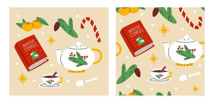 Christmas pattern and illustration set. Winter festive objects. Christmas seamless pattern. Flat illustration. vector