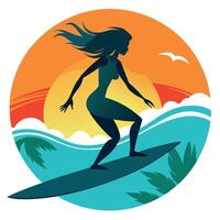 Silhouette of woman surfing on wave at sunset vector