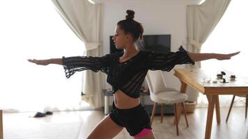 A Dynamic Dance Pose showcased within a Bright and Open Interior Space filled with light video