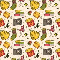 Cozy Autumn Seamless Patterns with Squash, Books, Candles, Mushrooms, and Jam vector