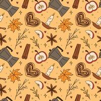 Autumn Coffee and Spice Pattern with Apples and Maple Leaves vector