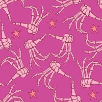 A charming and stylized pattern featuring cheerful pink skeleton hands along with whimsical stars vector
