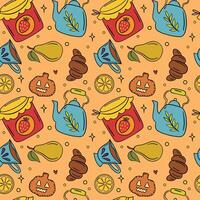 Autumn Seamless Pattern with Jam, Tea, Pears, Croissants, Pumpkins, and Cozy Fall Elements vector