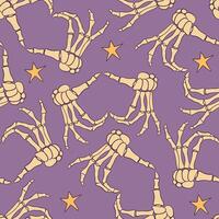 A Beautiful Stylized Skeleton Hand Pattern with Glowing Stars on a Deep Purple Background vector