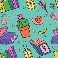 Seamless pattern featuring a charming mix of bookish and nature-themed elements. vector