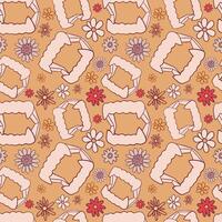 Halloween Seamless Pattern with Vampire Fangs and Floral Elements on Tan Background vector